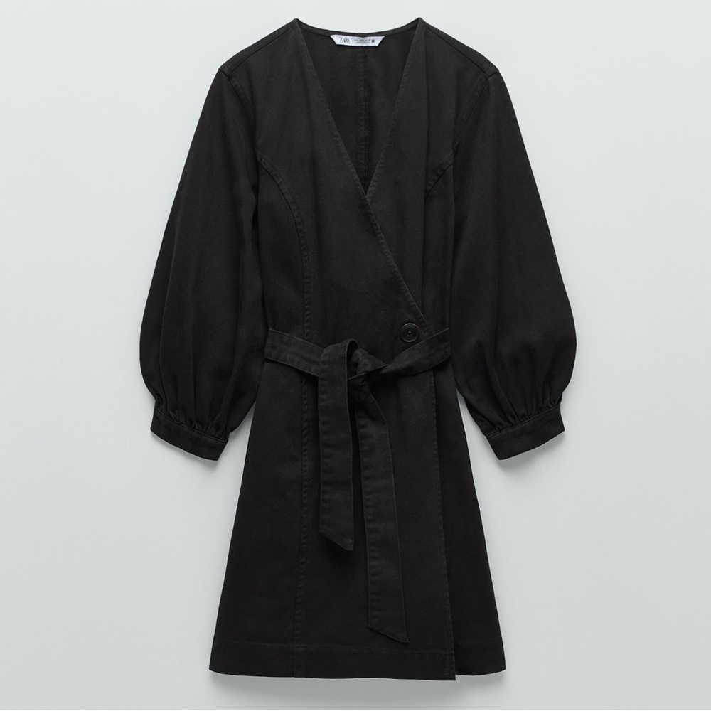 ZARA Denim V Neck Wrap Puff Sleve Belted A Line Preppy Mini Dress Black XL NWT
